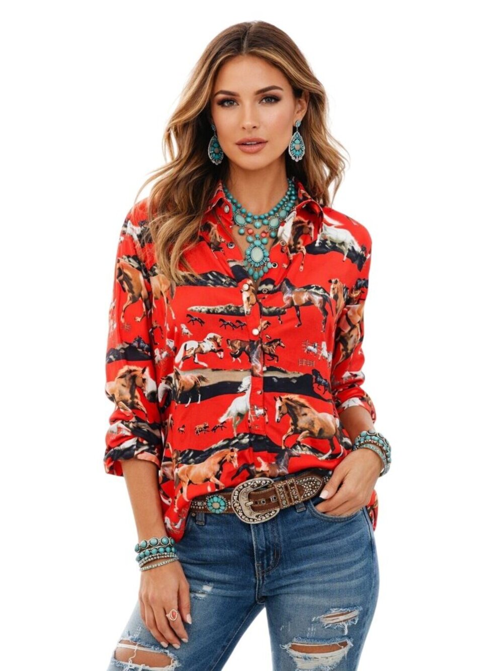 NWT Southwestern Cowgirl Chic Boho Santa Fe Red Western Horse Print Shirt Women